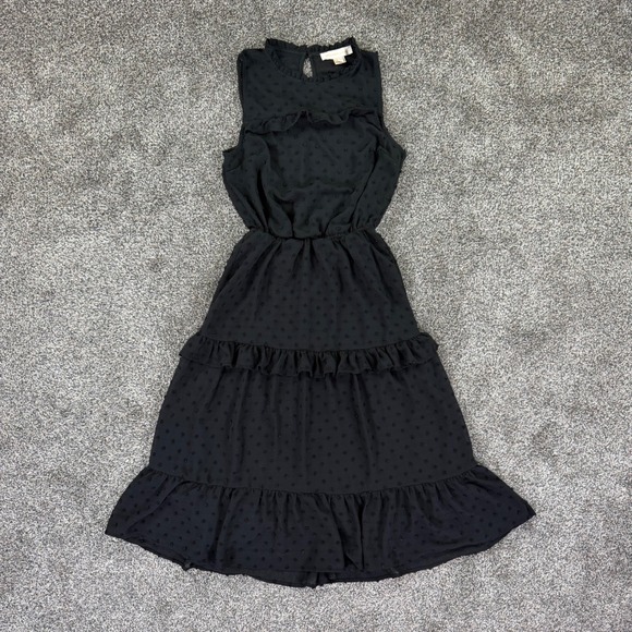 Monteau Los Angeles Dresses & Skirts - Monteau Los Angeles Black Clip Dot Tiered Ruffle Sleeveless Midi Dress Womens XS
